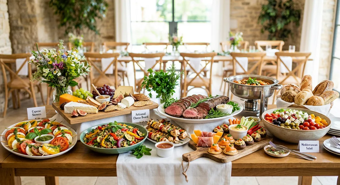 Colorful catering food spread on a buffet table
