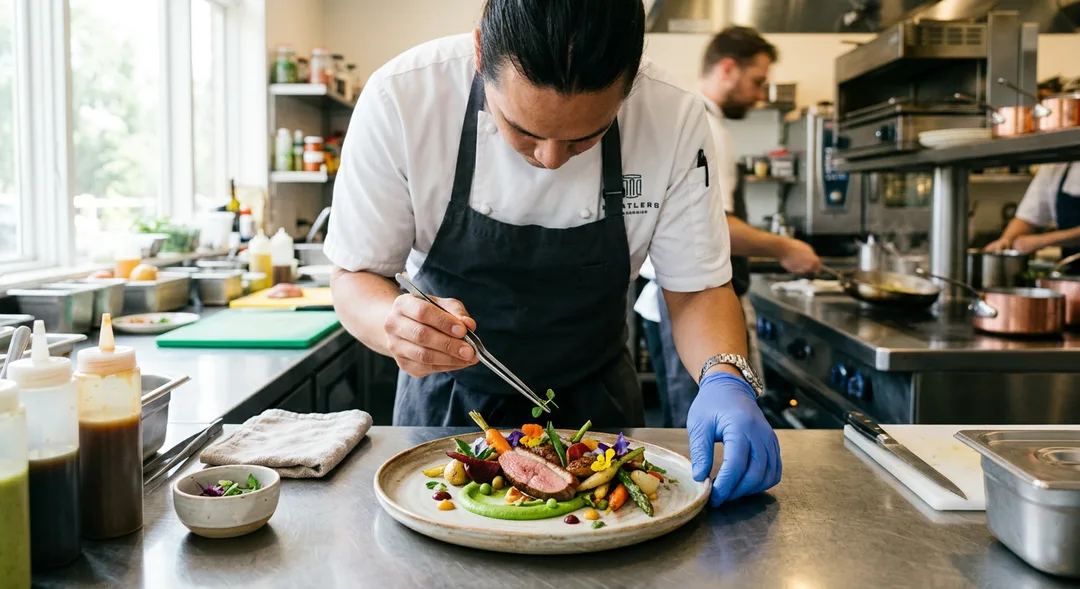 Chef plating a beautiful dish in a bright kitchen