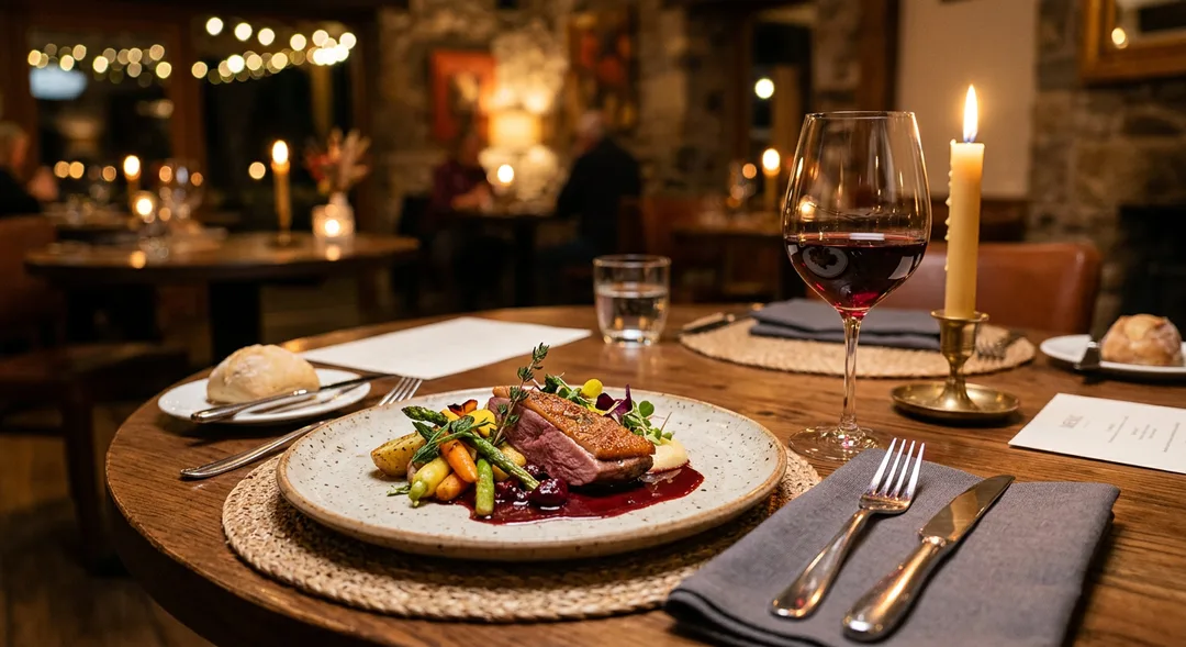 Restaurant table setting with a plated gourmet meal