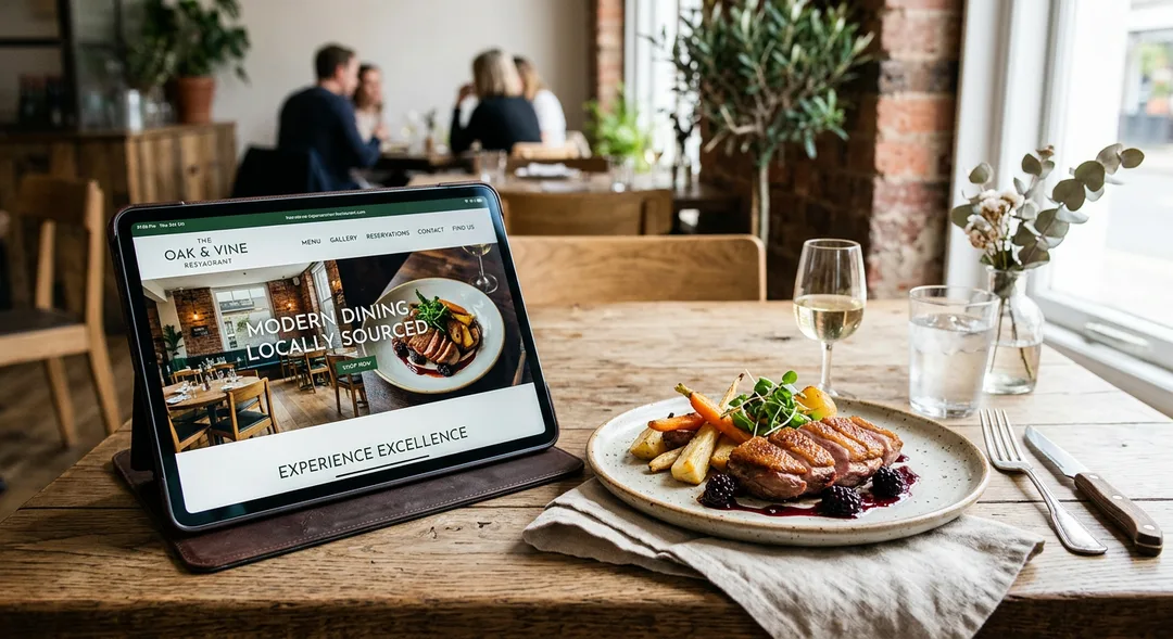 Restaurant website on a tablet beside fresh food